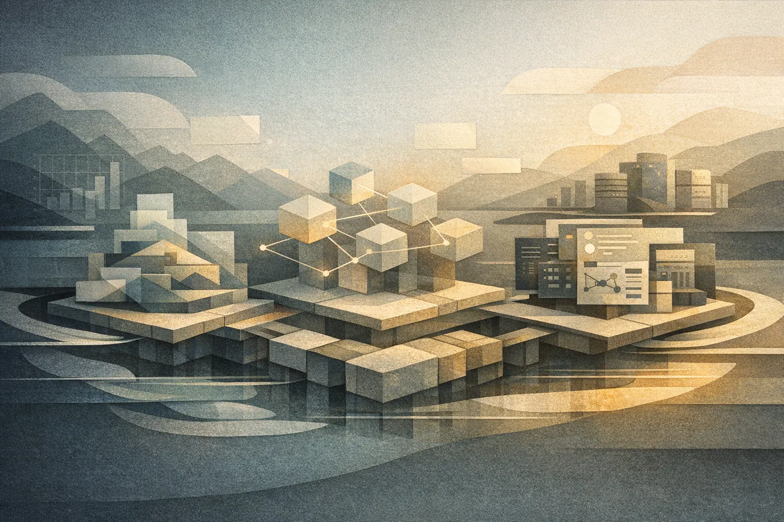 Editorial abstract illustration of a Laravel and Vue monorepo resolving into a coherent, well-orchestrated platform